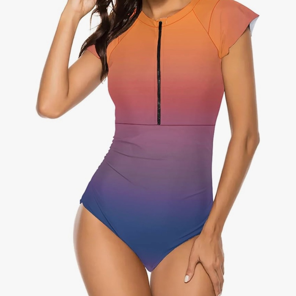 Wolddress Women One Piece Rashguard Swimwear Bathing Suit With Zip Front, Orange